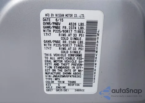 2015 Nissan Rogue Select S из США, поврежденный, VIN JN8AS5MV6FW766262